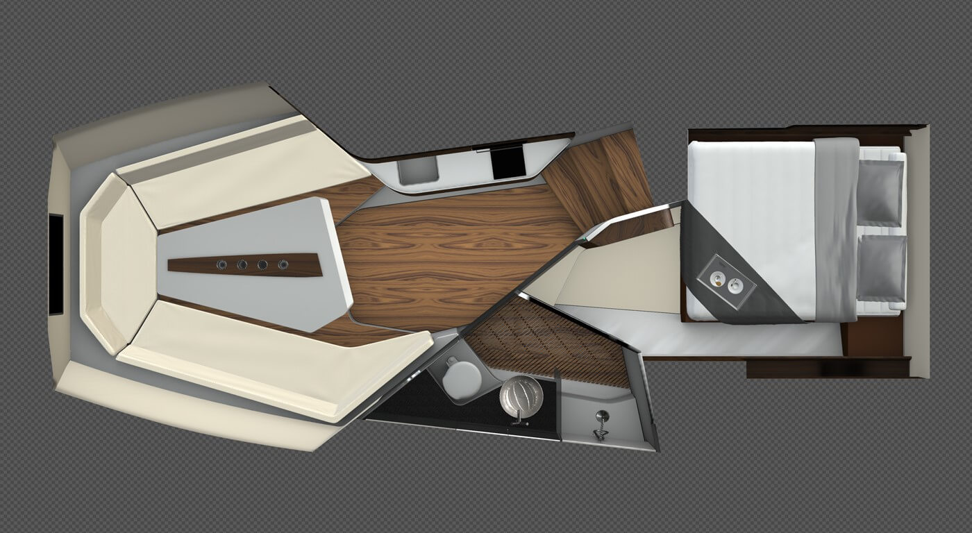 Frauscher 1414 Demon, plattegrond interieur boot met bed