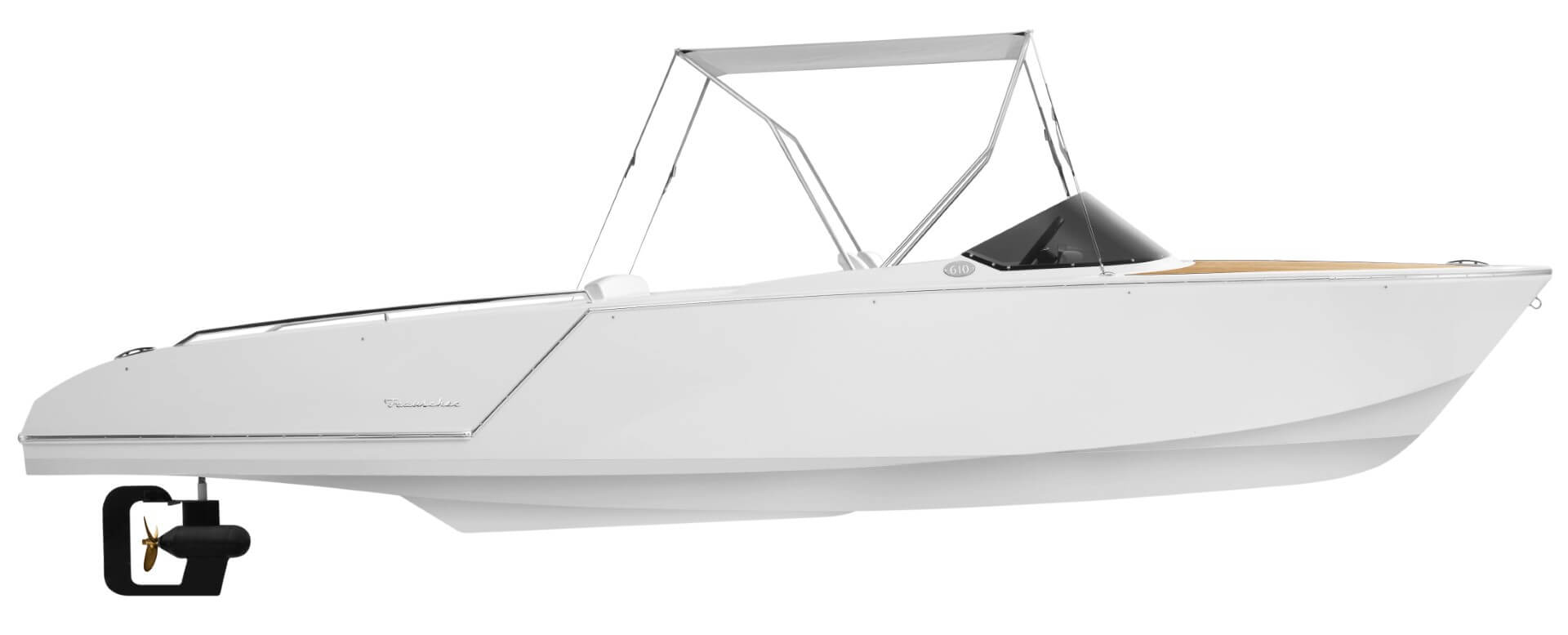 Frauscher 610 San Remo, boot zijaanzicht met zonnetent