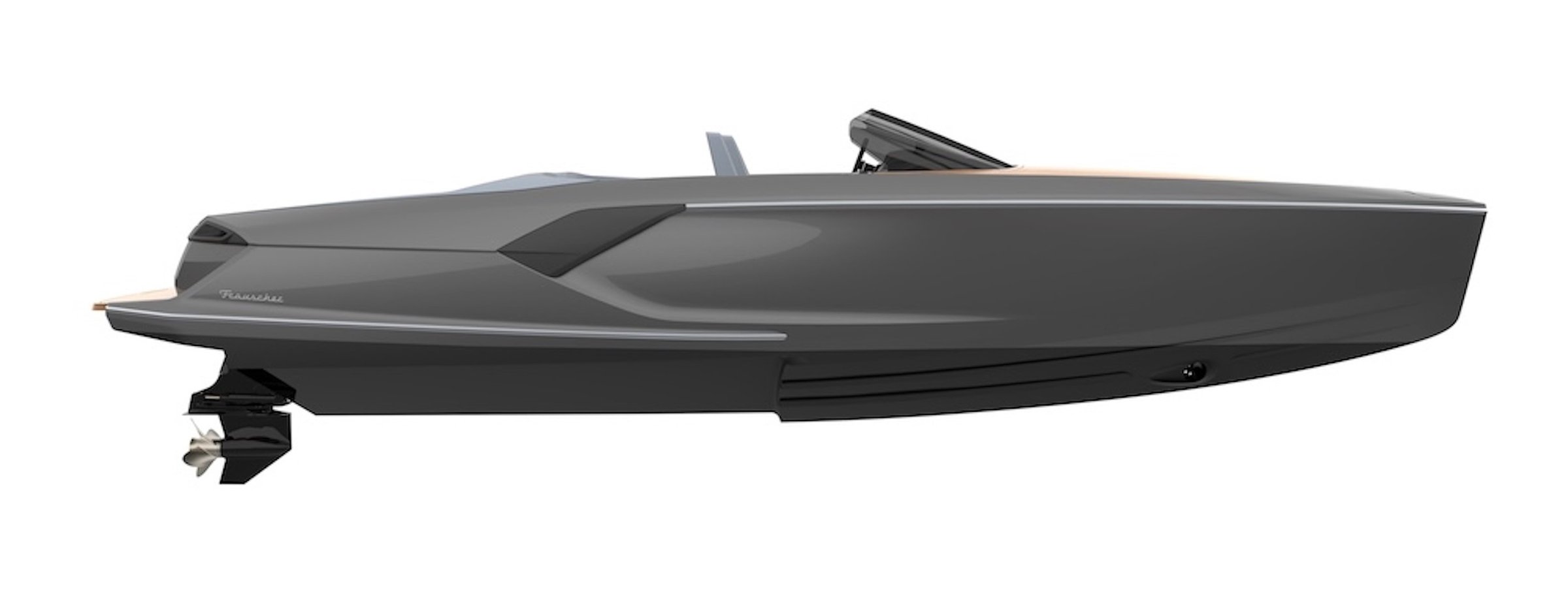 Frauscher 797 Spectre, zijaanzicht grijze speedboot studio