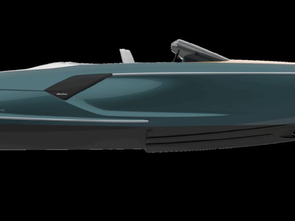 Frauscher x Porsche 790 Spectre, zijaanzicht speedboot op witte achtergrond