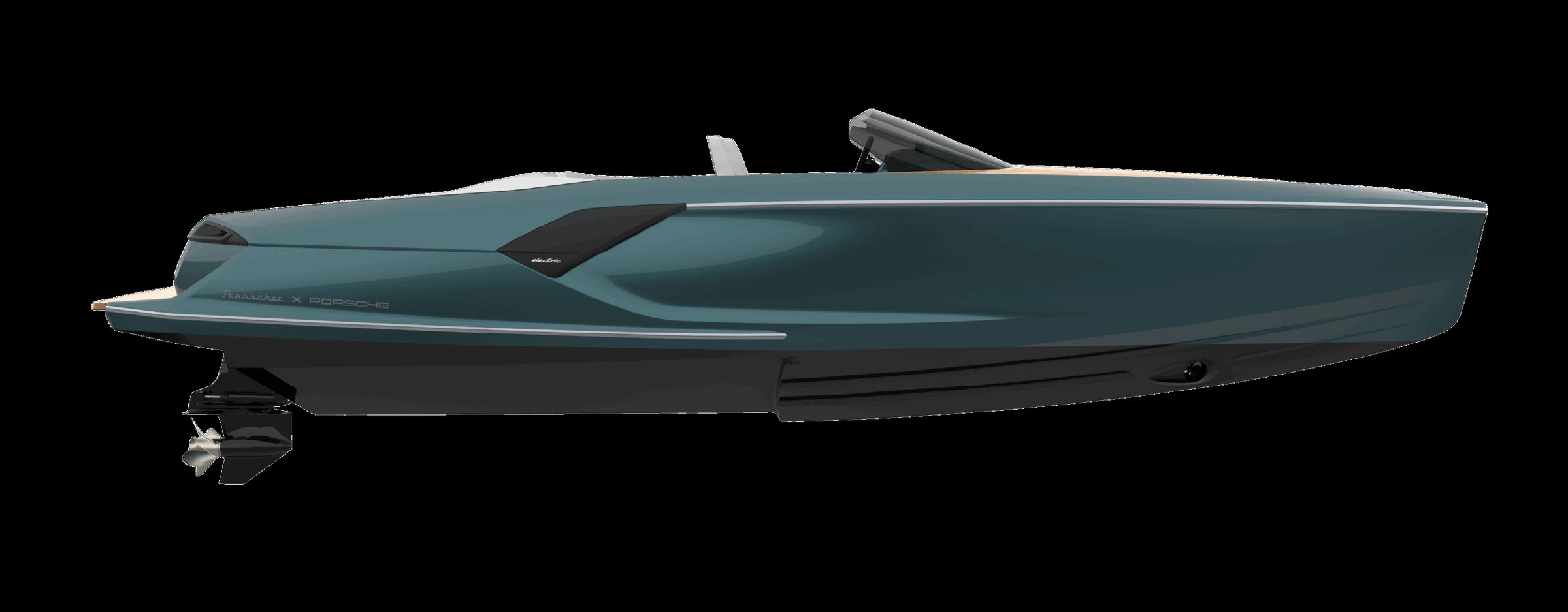 Frauscher x Porsche 790 Spectre, zijaanzicht speedboot op witte achtergrond