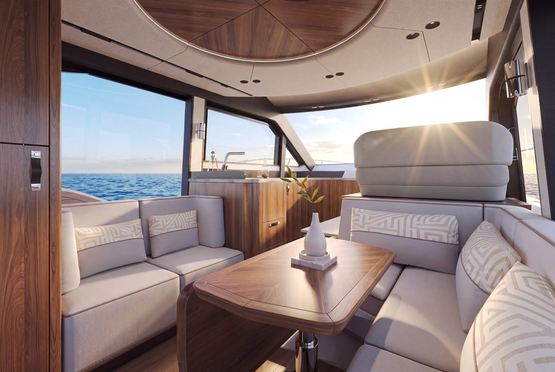Galeon 420 FLY, salon met zithoek en tafel