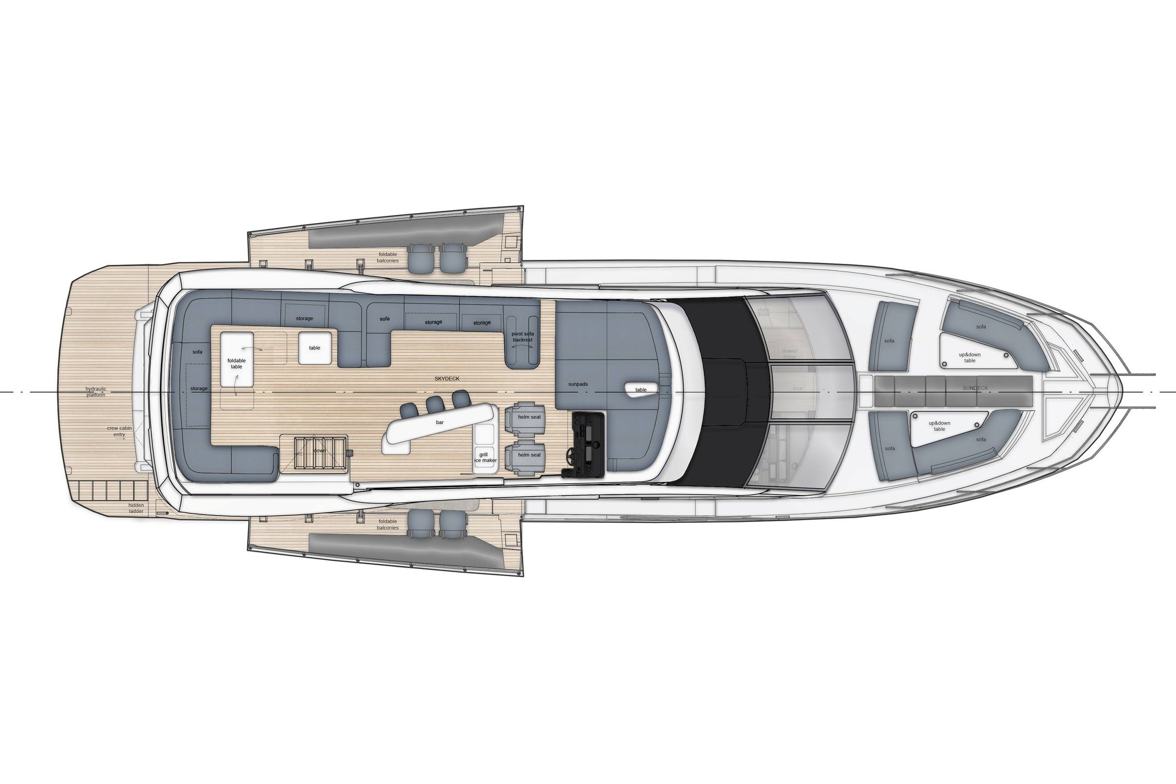Galeon 640 FLY, plattegrond bovenaanzicht dekindeling boot