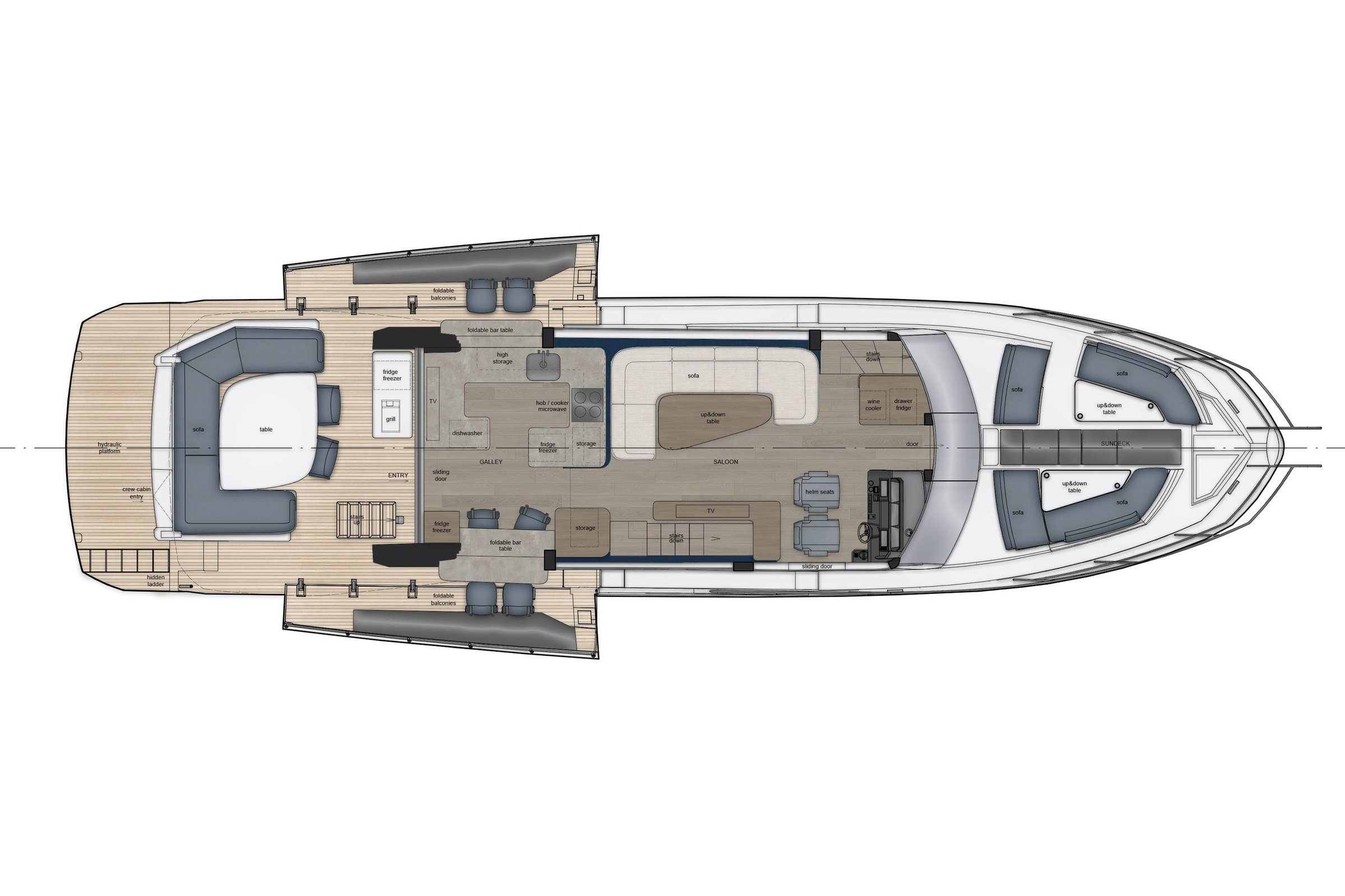 Galeon 640 FLY, plattegrond boot met dekindeling
