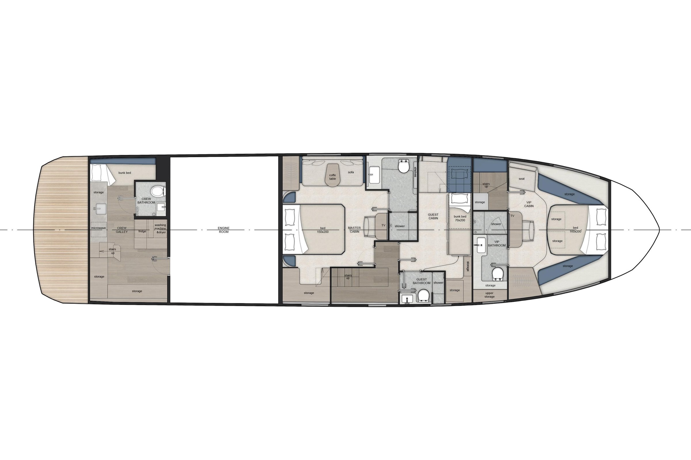 Galeon 640 FLY, plattegrond indeling cabines boot