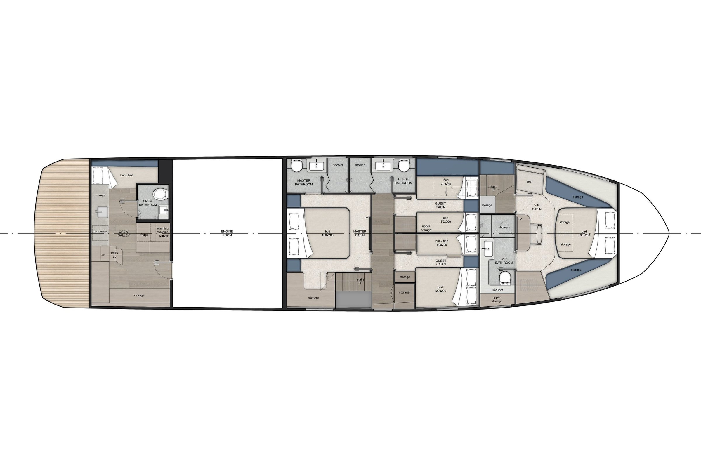 Galeon 640 FLY, plattegrond indeling cabines en bedden