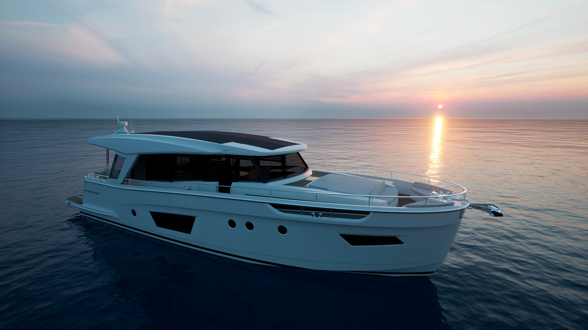 Greenline 58 Coupe, jacht op zee bij zonsondergang