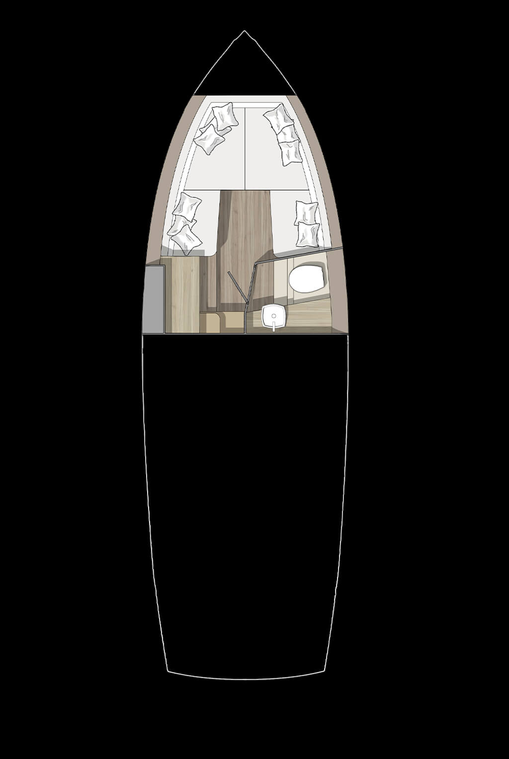Invictus GT280, plattegrond voorkajuit met bed en toilet