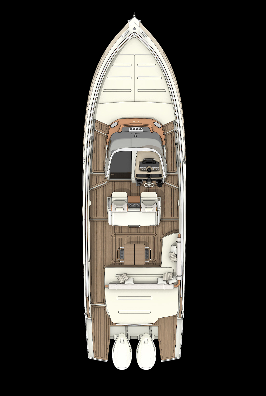 Invictus GT370S, plattegrond van boot bovenaanzicht