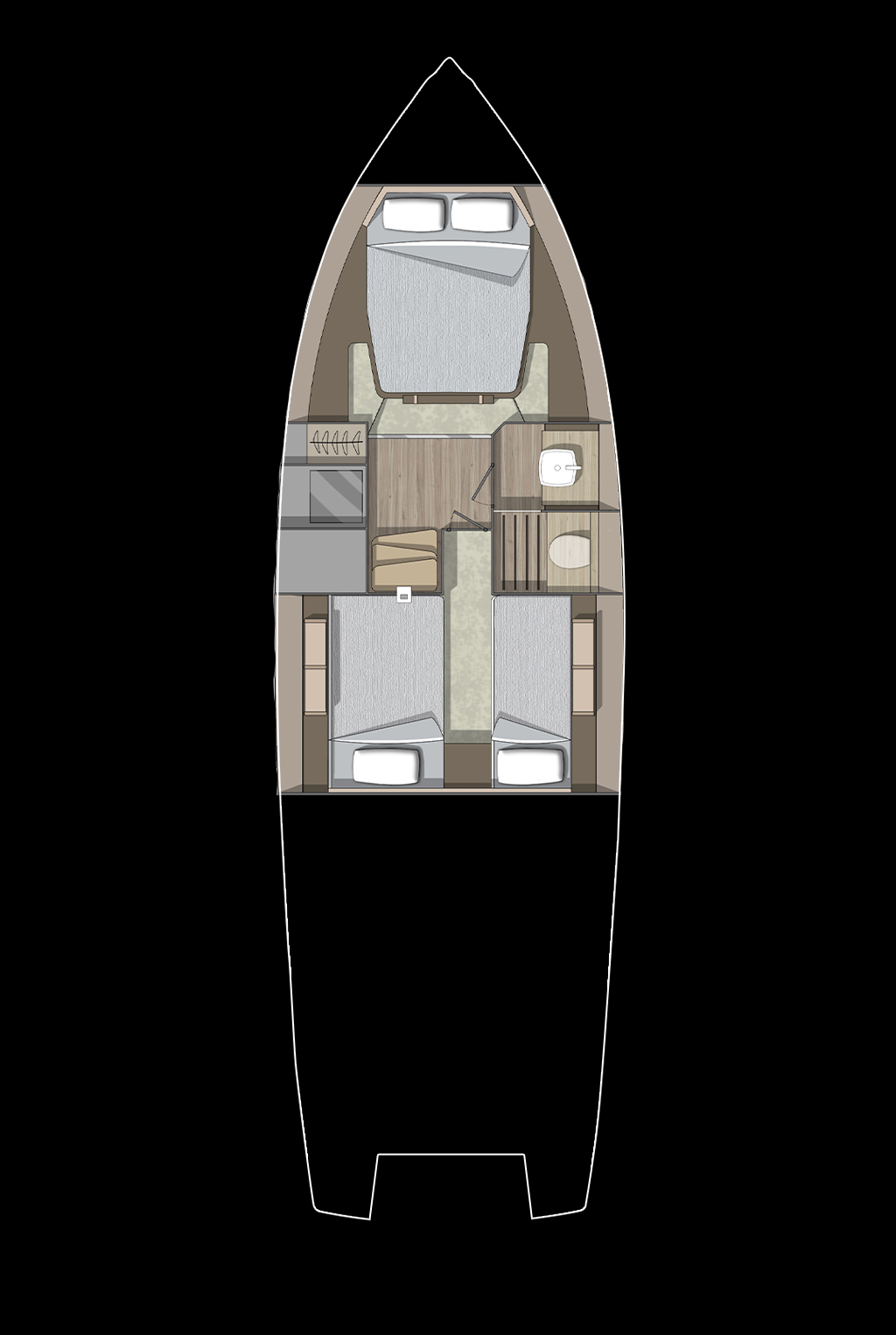 Invictus GT370S, plattegrond indeling cabine met bedden