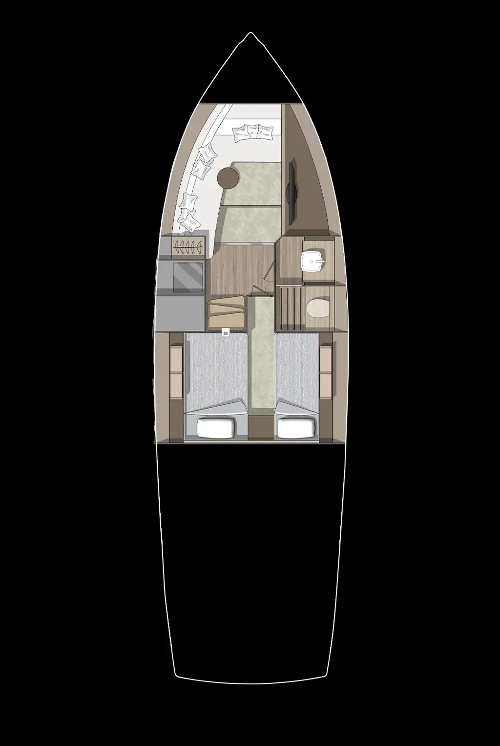 Invictus GT370, plattegrond indeling boot met slaapkamers