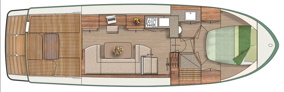 Linssen Grand Sturdy 35.1 Sedan, plattegrond boot met salon keuken slaapkamer