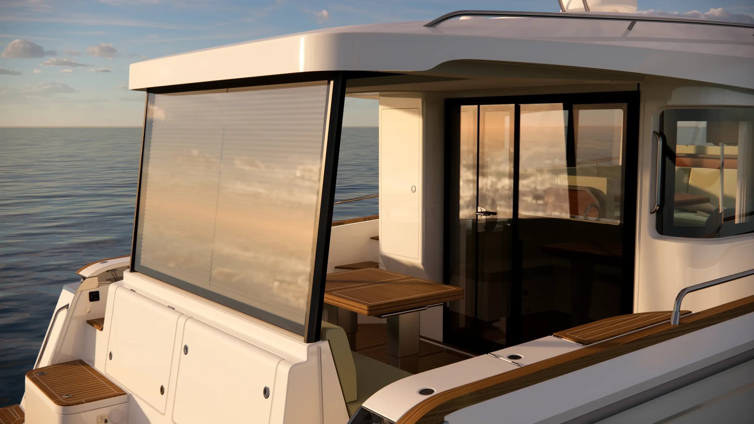 Nimbus 495 Coupé, achterdek met zitbank en tafel