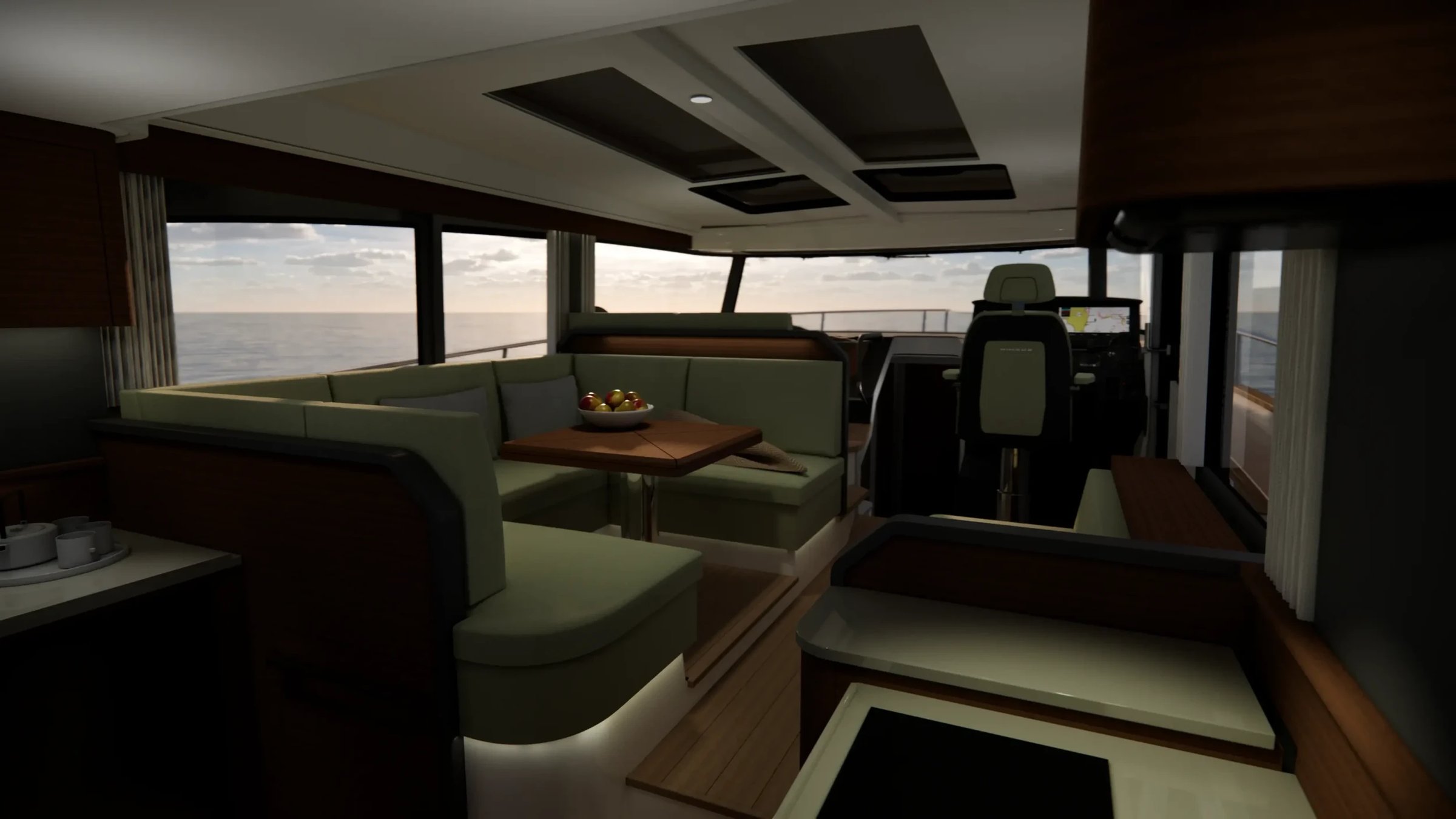Nimbus 495 Coupé, salon met zitbank en stuurstoel