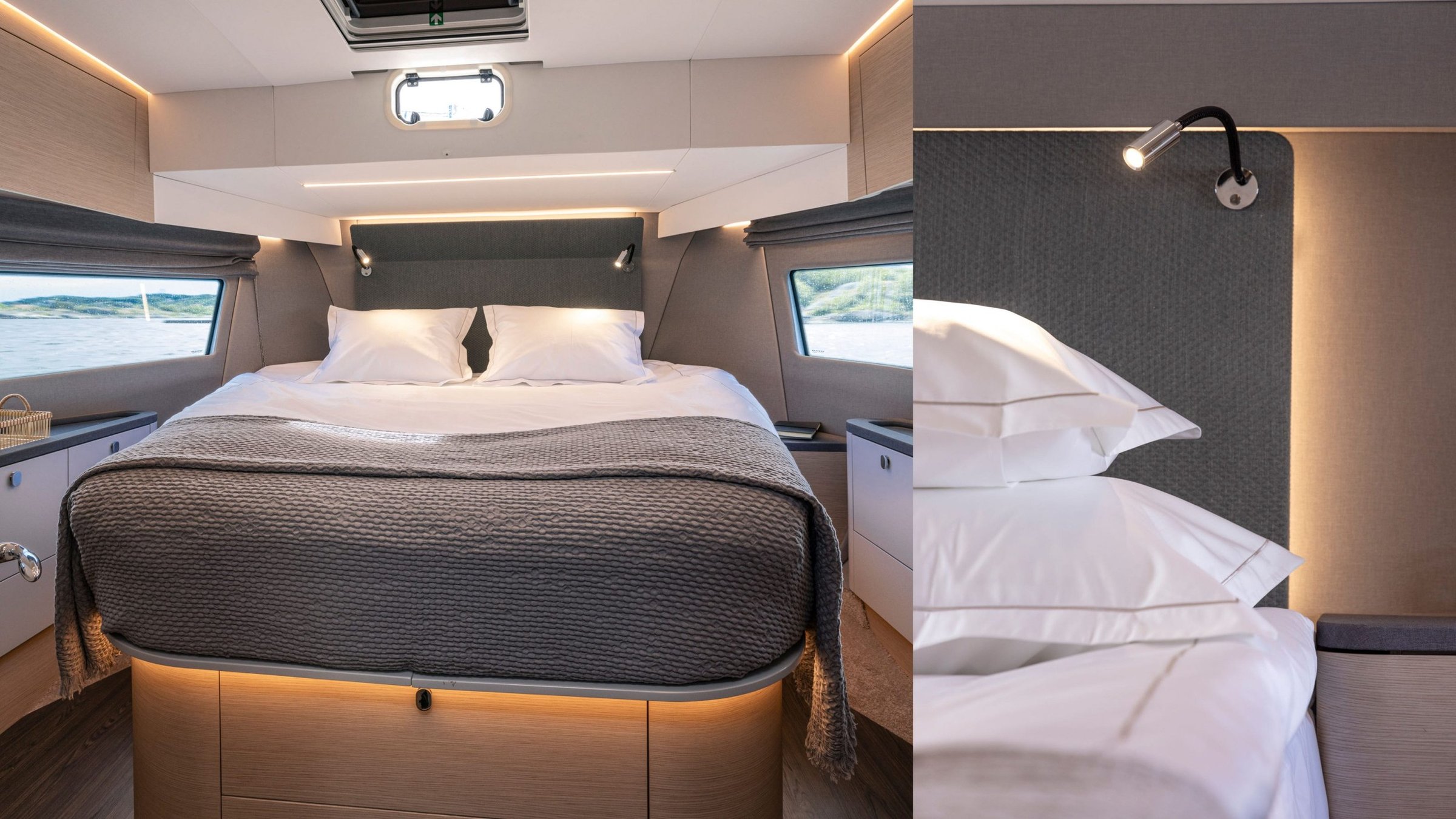Nimbus 495 Flybridge, slaapkamer met bed en kussens