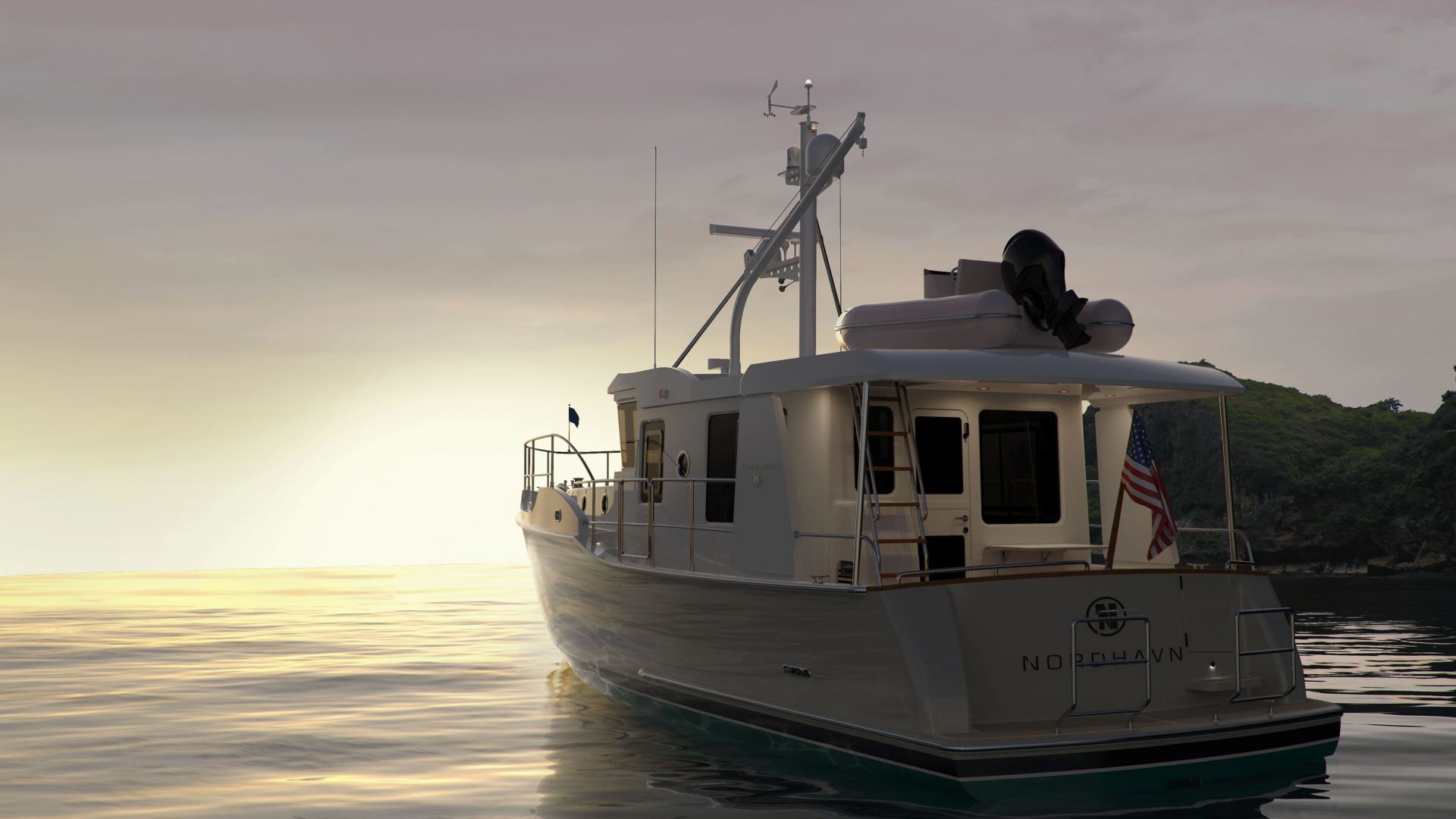 Nordhavn 41, boot op kalm water bij zonsondergang