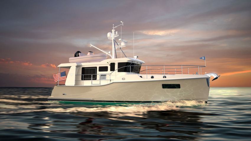 Nordhavn 41, motorboot vaart op zee bij zonsondergang
