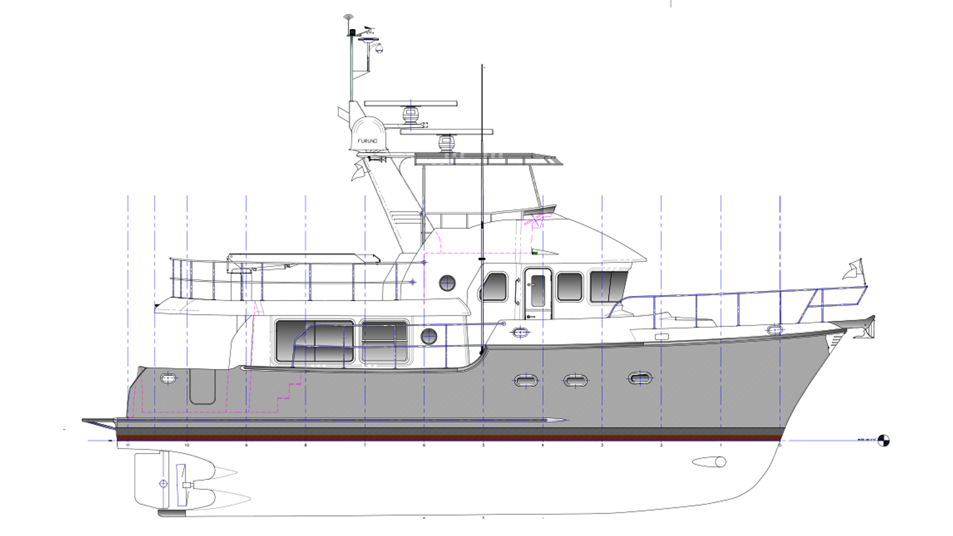 Nordhavn 475, technische tekening boot zijaanzicht