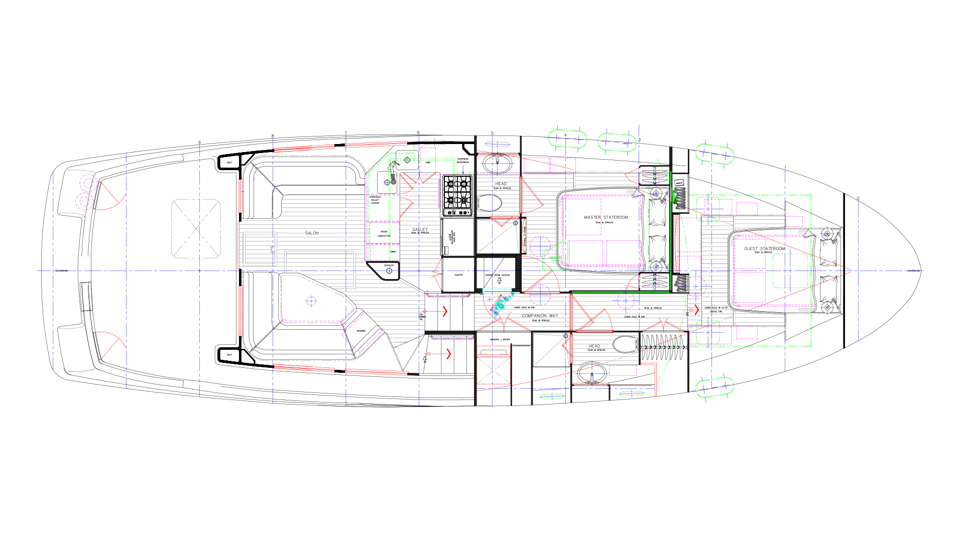 Nordhavn 52, plattegrond indeling jacht met kamers