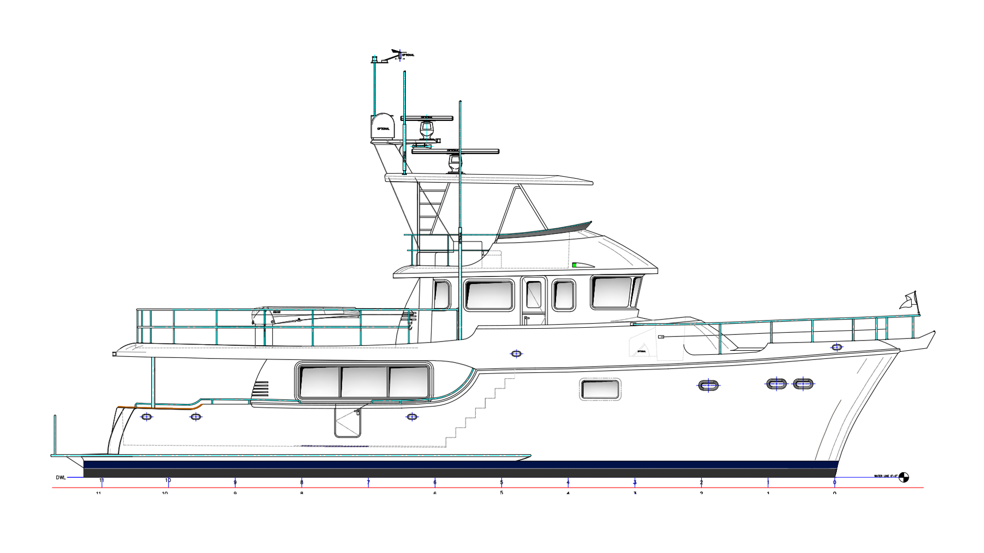 Nordhavn 60, technische tekening boot zijaanzicht