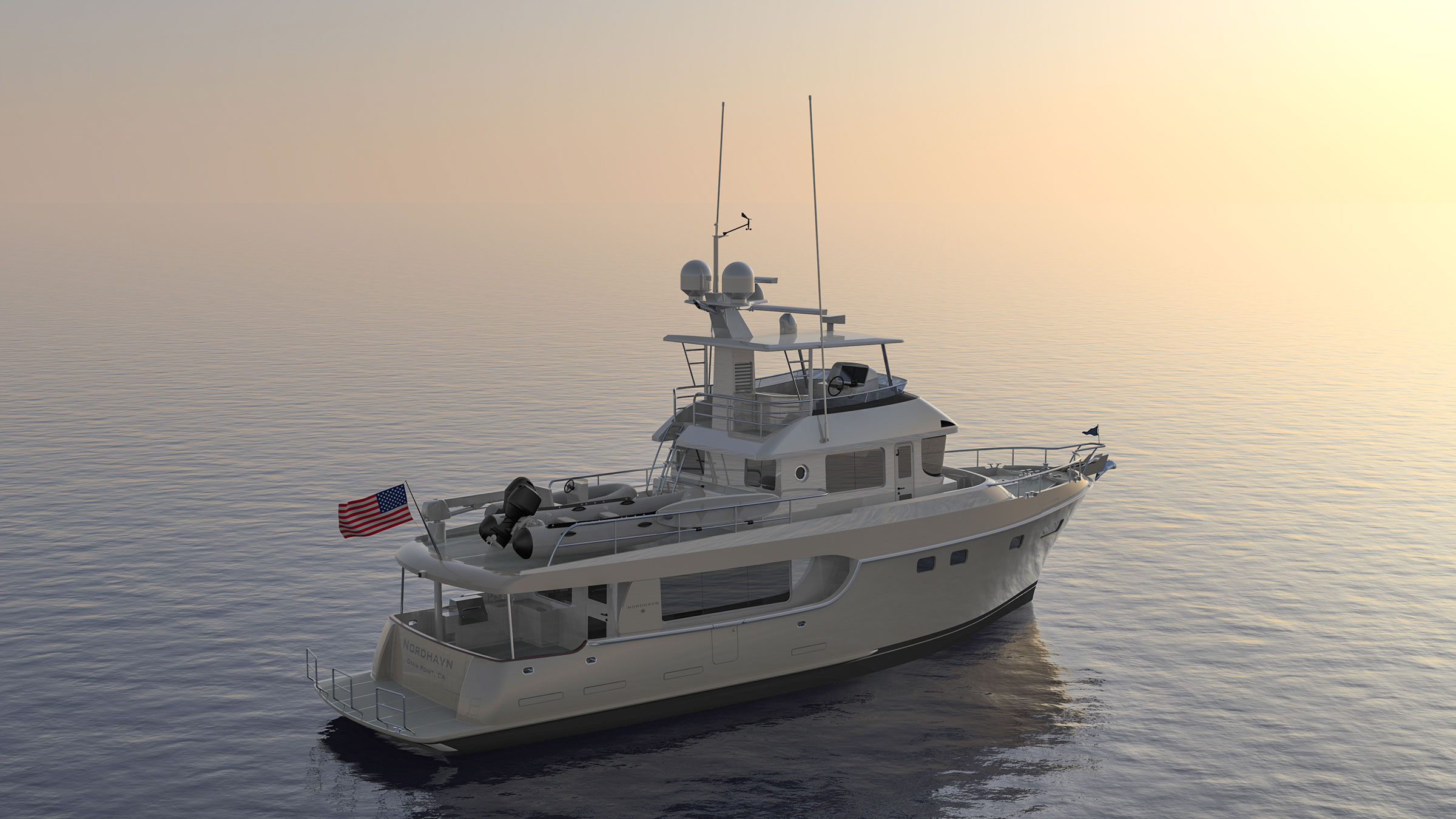 Nordhavn 625, motorjacht op zee bij zonsondergang