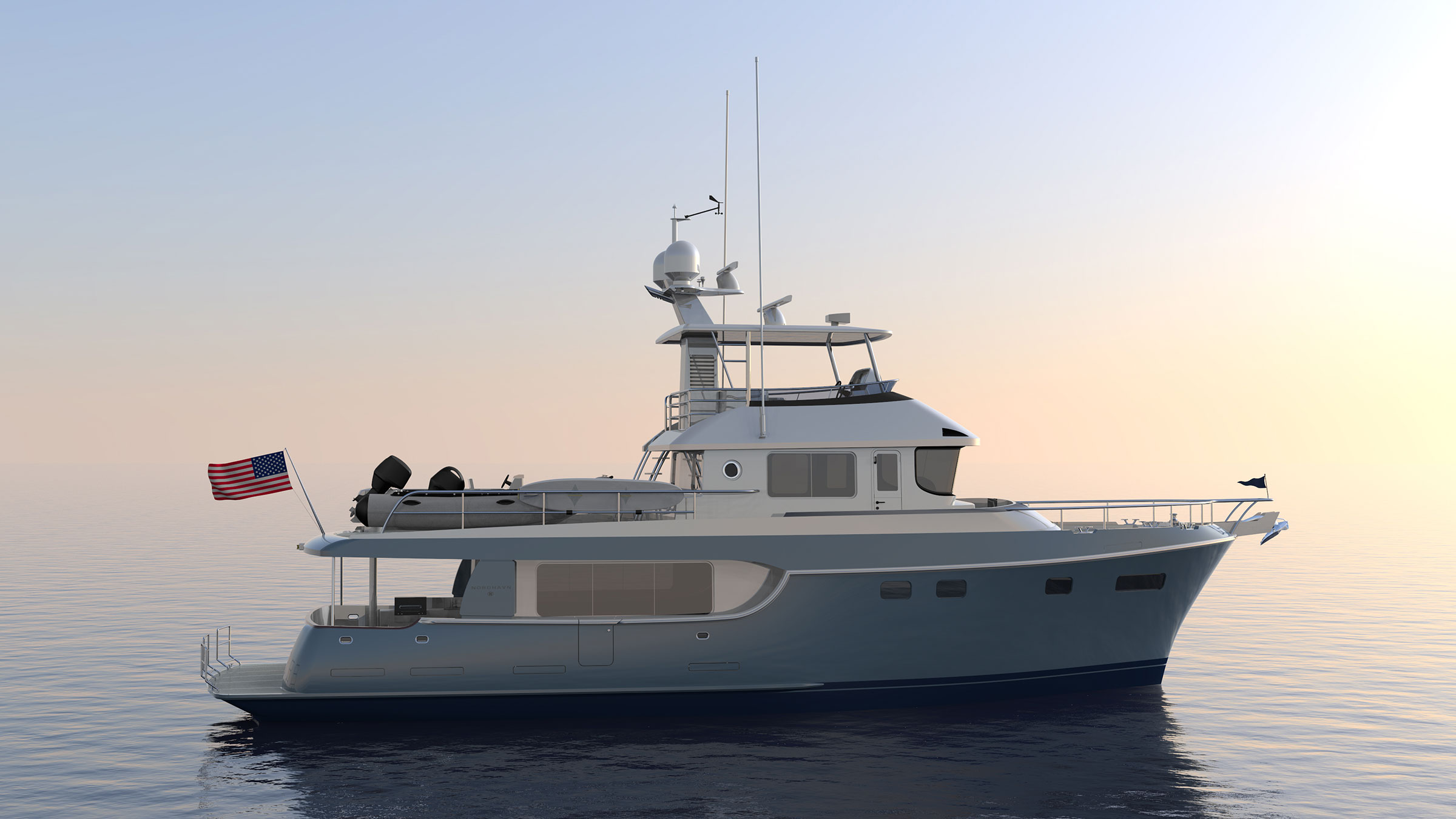Nordhavn 625, motorjacht vaart stil op zee