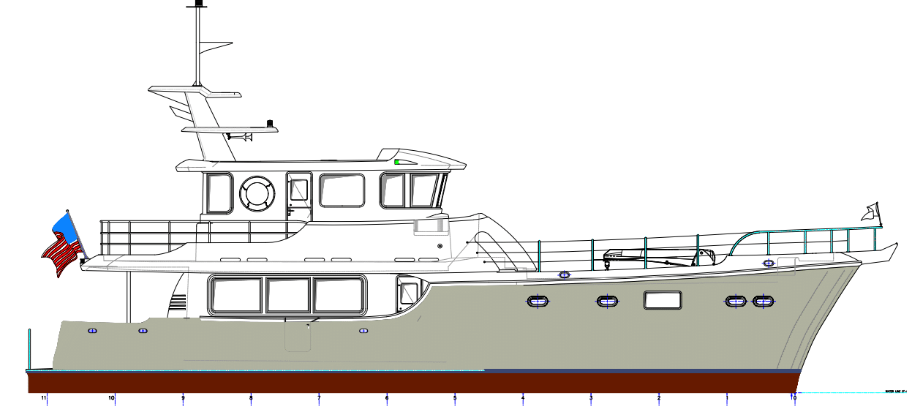 Nordhavn 63, technische tekening boot zijaanzicht