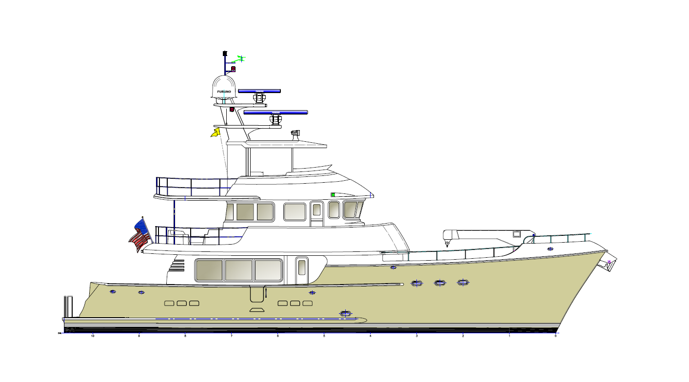 Nordhavn 76, technische tekening jacht zijaanzicht