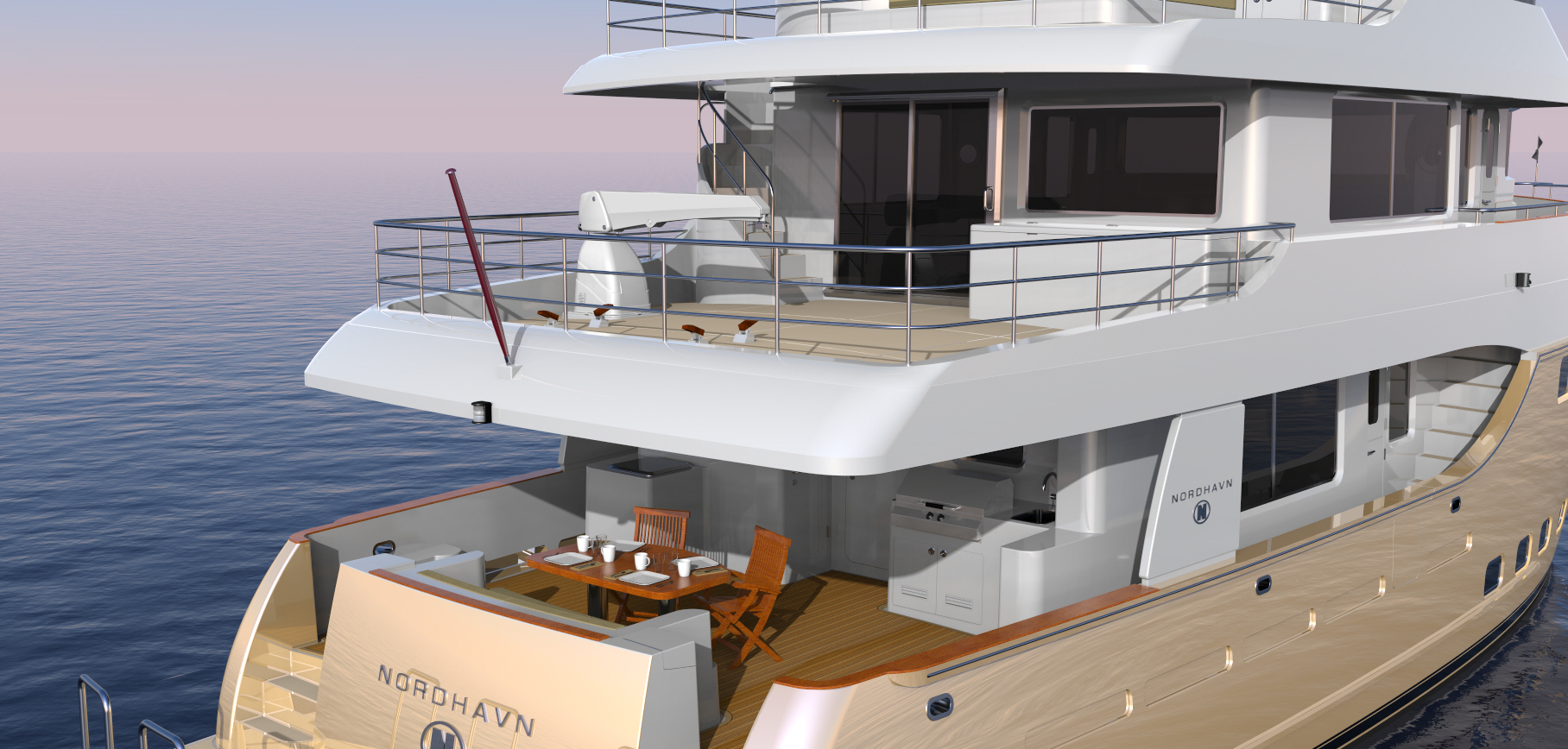 Nordhavn 80, achterdek met eettafel en bbq