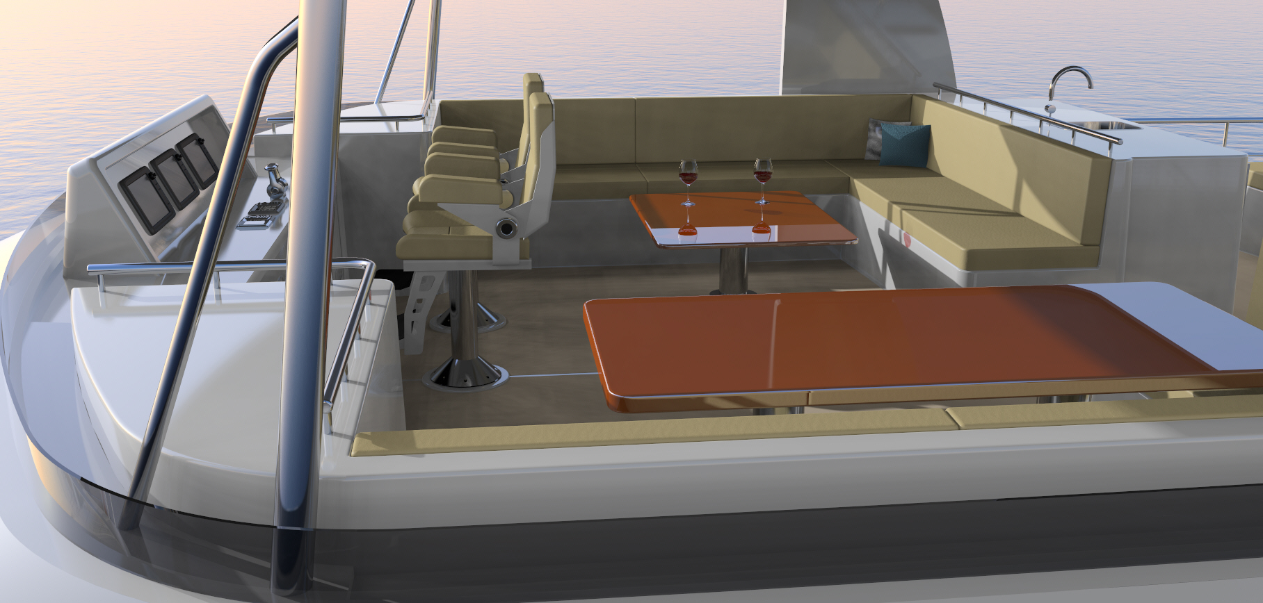 Nordhavn 80, achterdek met zitbank en tafels