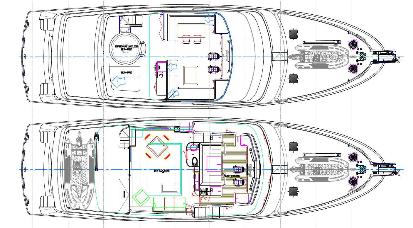 Nordhavn 80, plattegrond dekindeling jacht bovenaanzicht