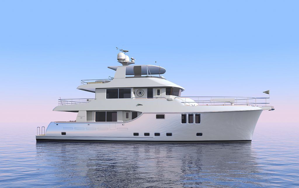 Nordhavn 80, witte motorjacht op zee