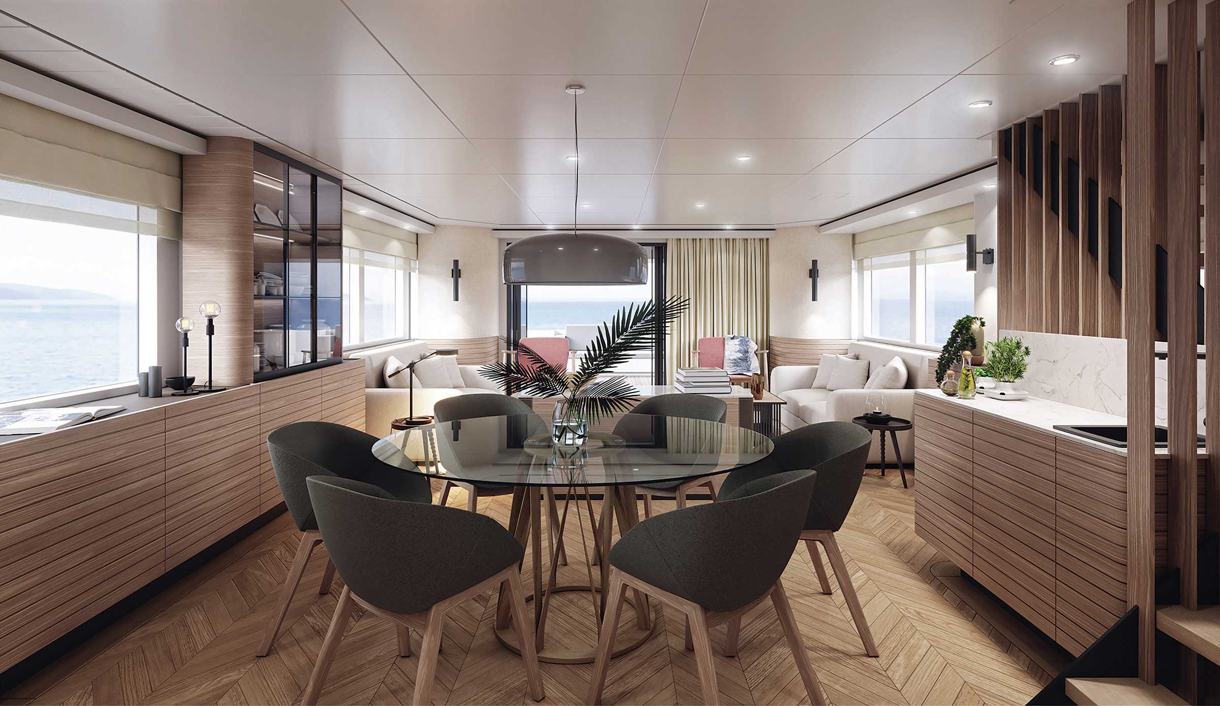 Nordhavn 80, eetkamer met ronde glazen tafel