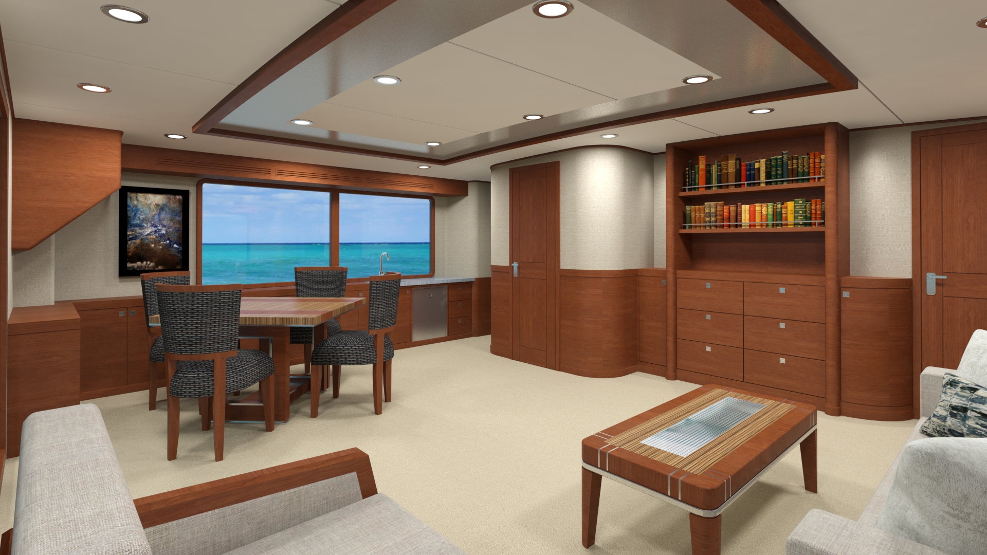 Nordhavn 80, eetkamer met salon en boekenkast