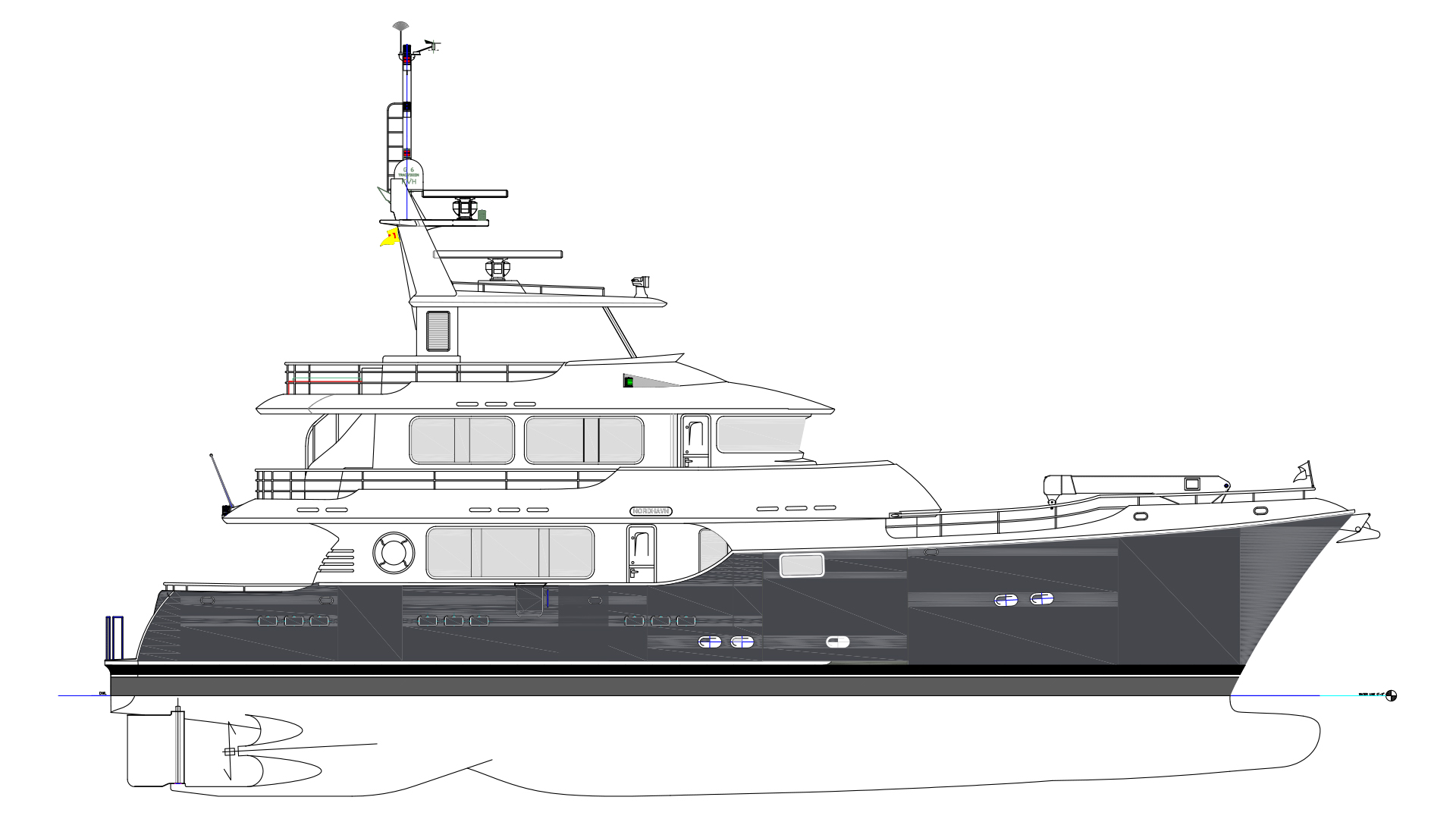 Nordhavn 86, technische tekening jacht zijaanzicht