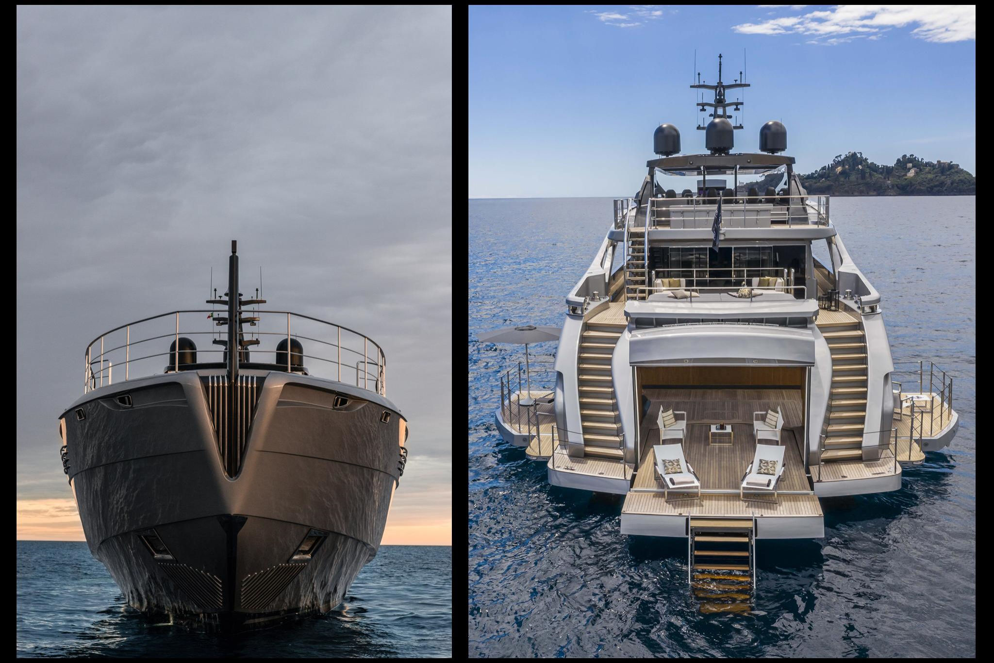 Pershing 140, boeg en achtersteven van jacht