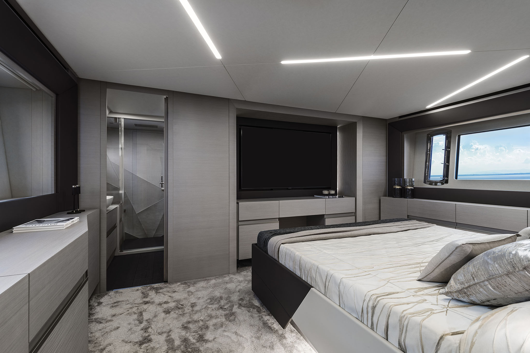 Pershing 7X, slaapkamer met bed en televisie