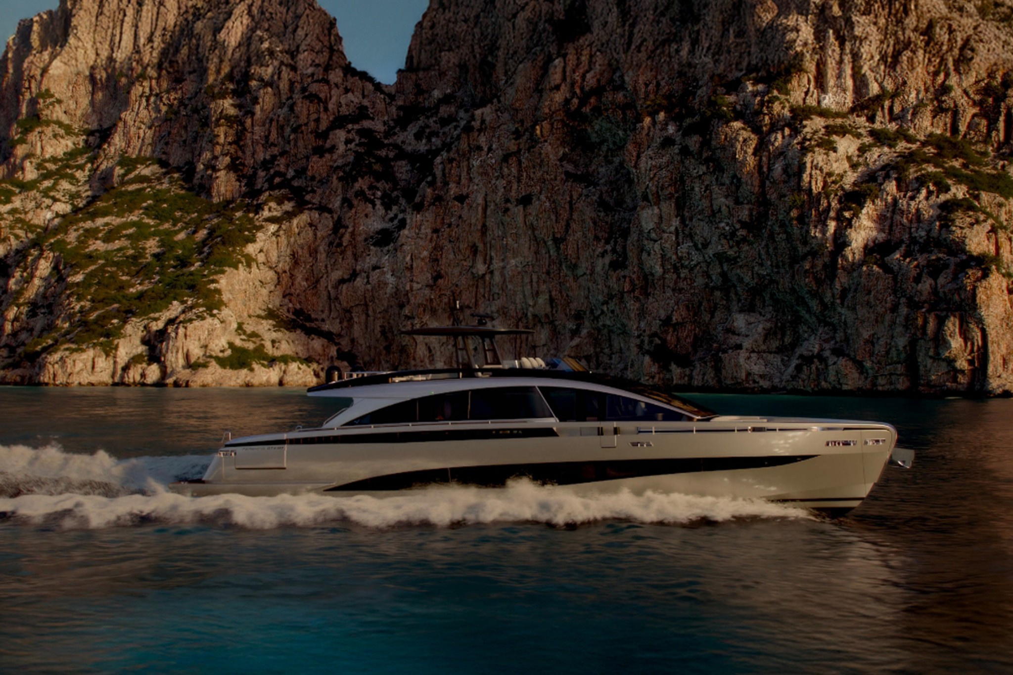 Pershing GTX90 Project, boot varend tussen rotsen