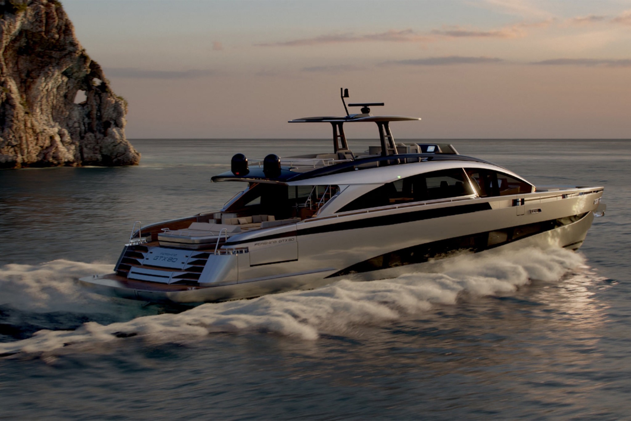 Pershing GTX90 Project, jacht vaart langs rotskust