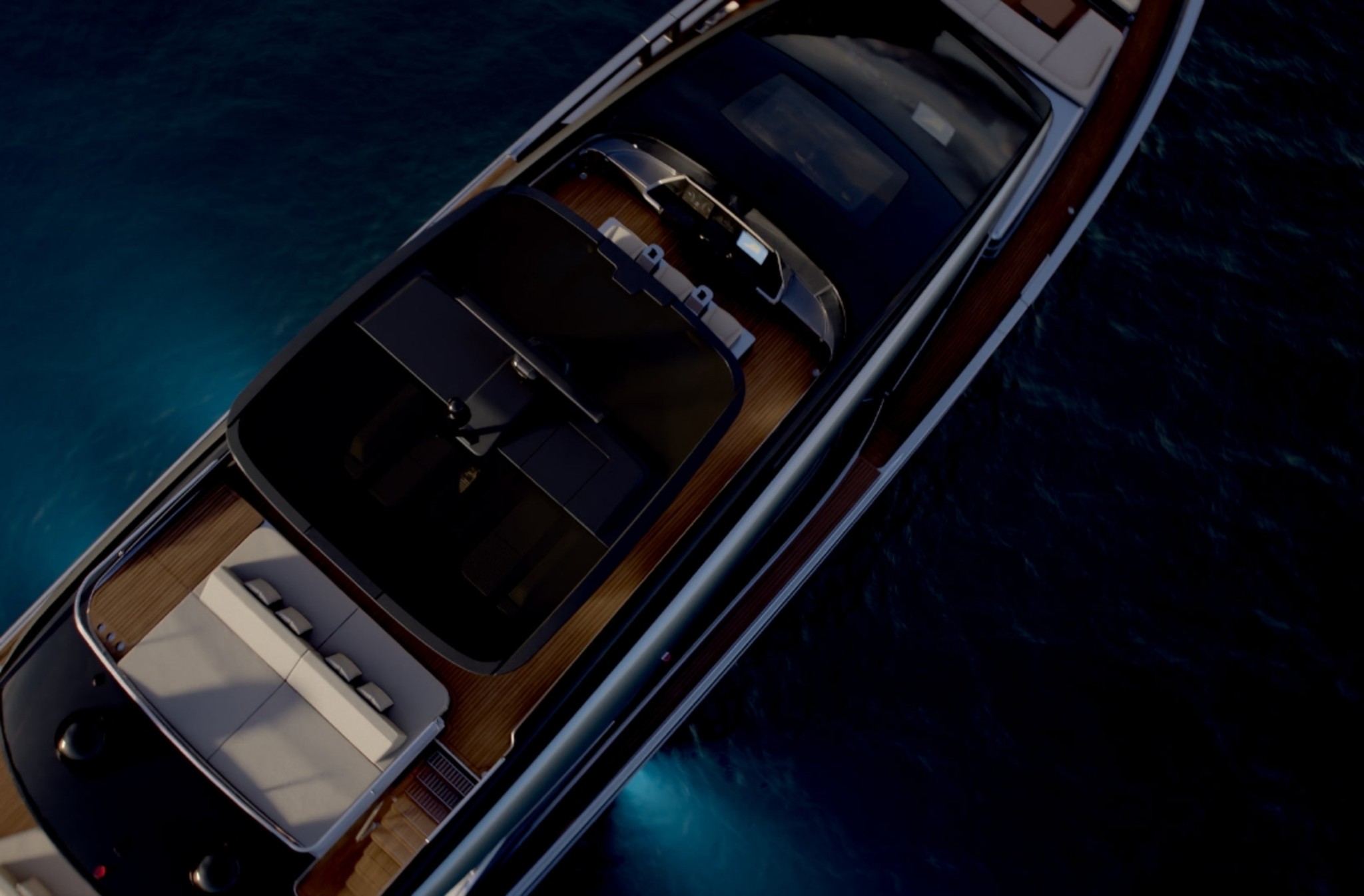Pershing GTX90 Project, luchtfoto dek met loungebank