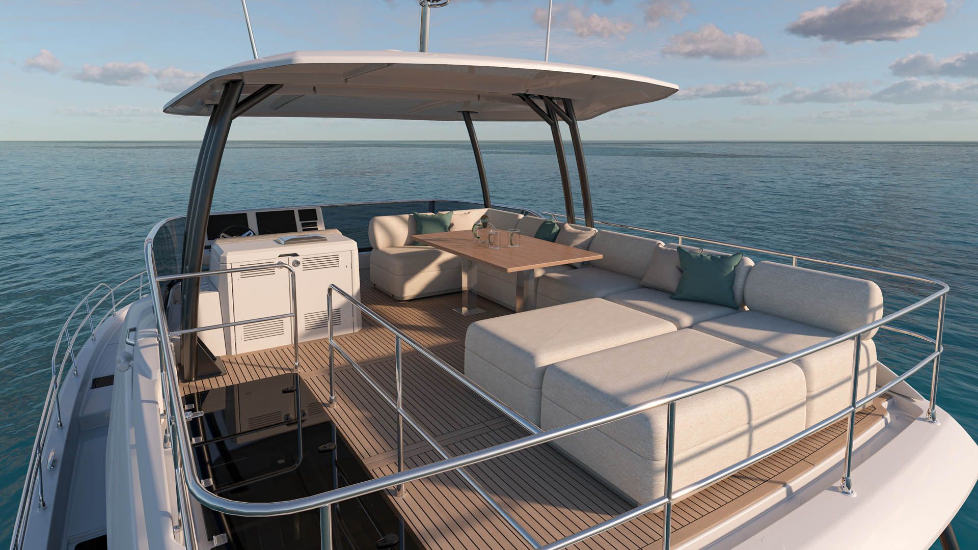 Prestige M6, bovendek met loungebank en tafel