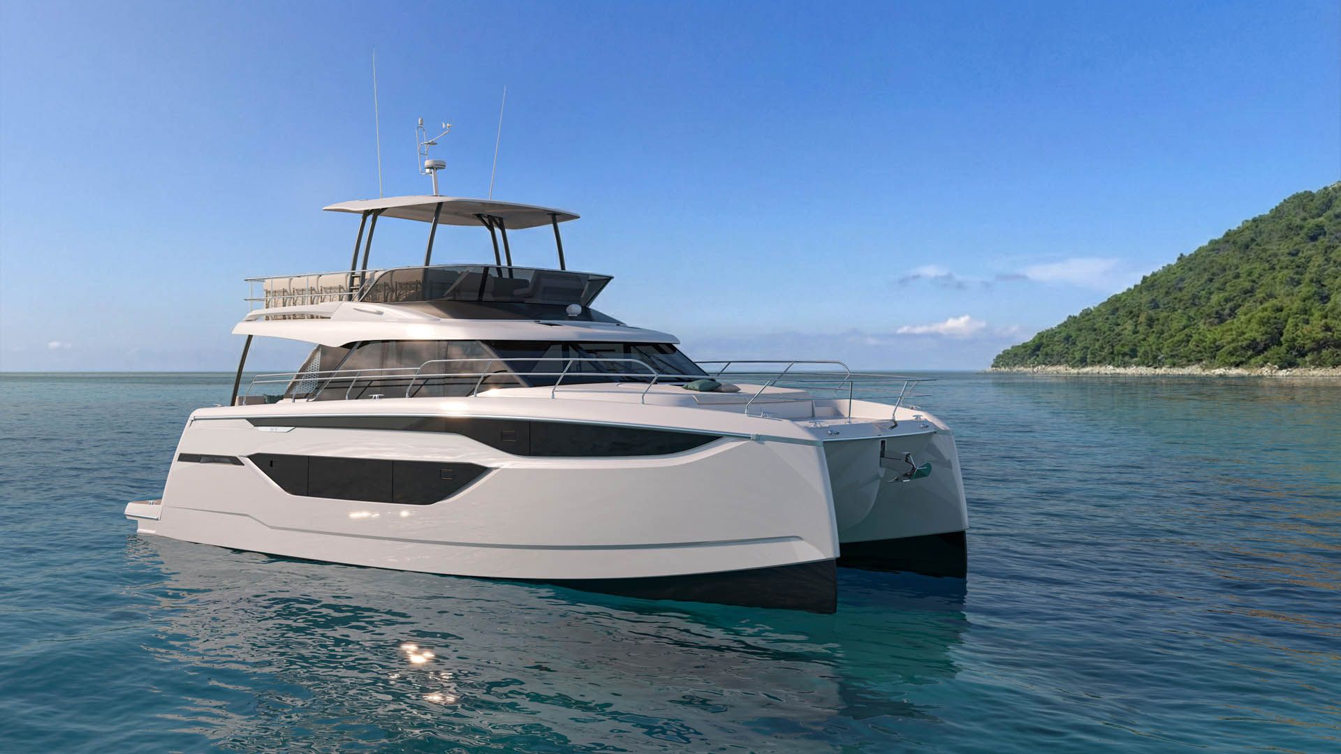 Prestige M6, catamaran voor anker bij kust