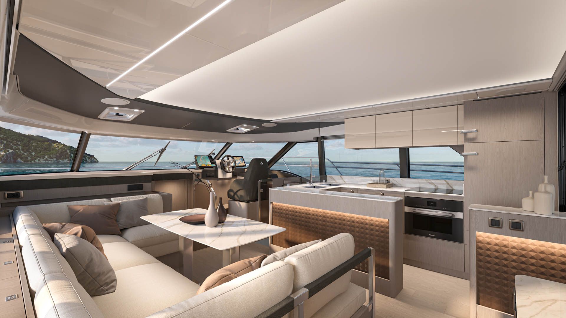 Prestige M6, salon met keuken en stuurstand