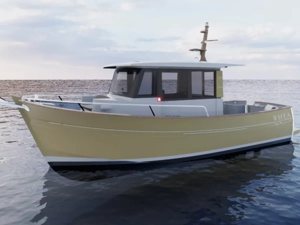 Rhea Marine 730 Timonier V2, gele boot stilliggend op zee
