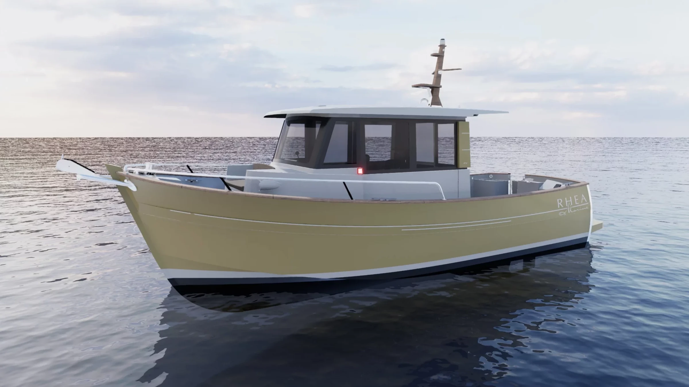 Rhea Marine 730 Timonier V2, gele boot stilliggend op zee