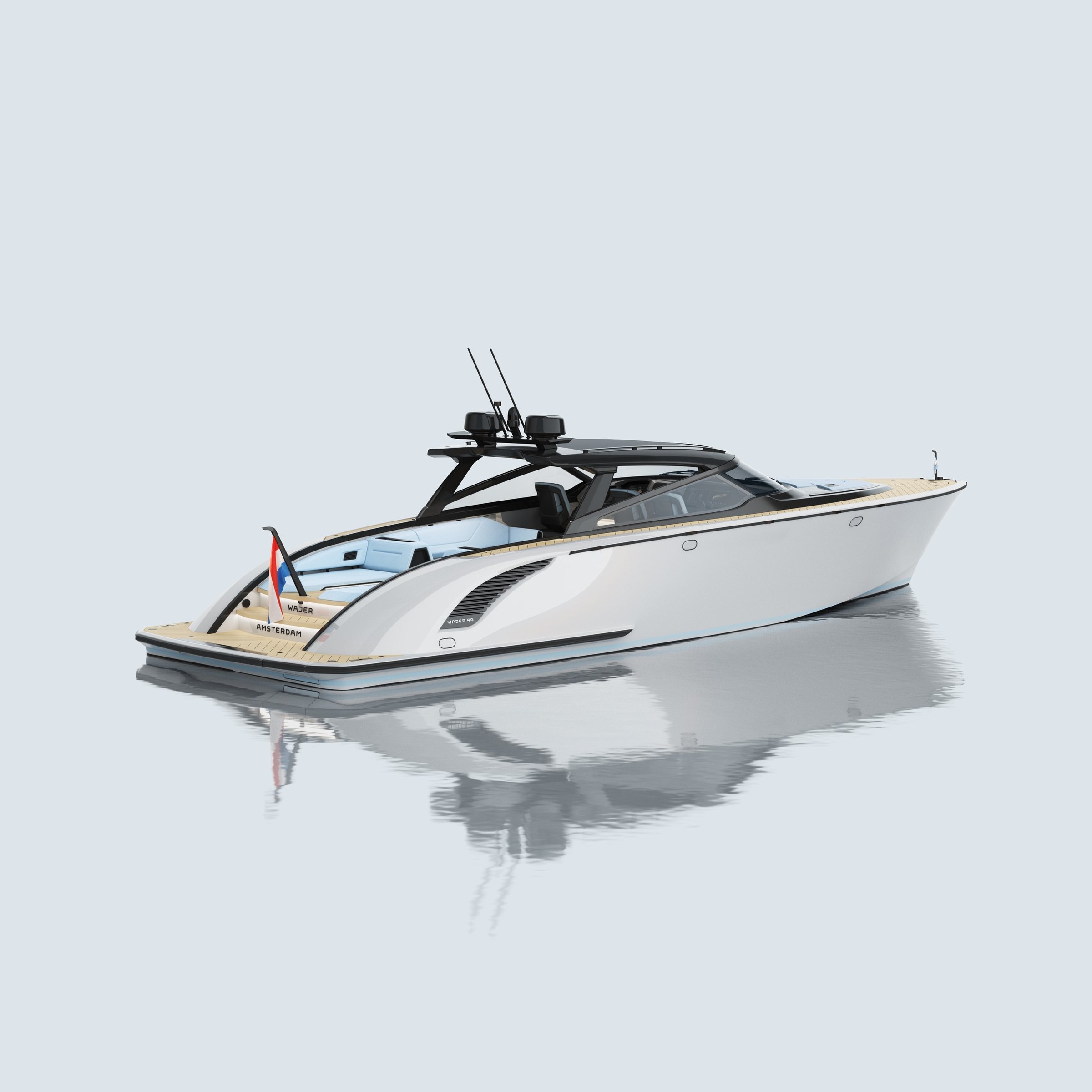 Wajer 44 HT, witte motorboot op stil water