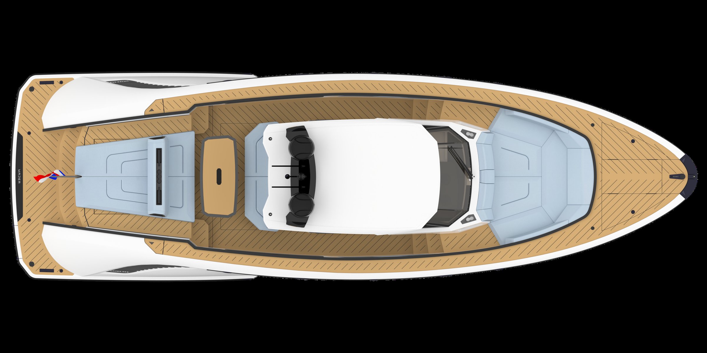 Wajer 44 S, bovenaanzicht boot met dek
