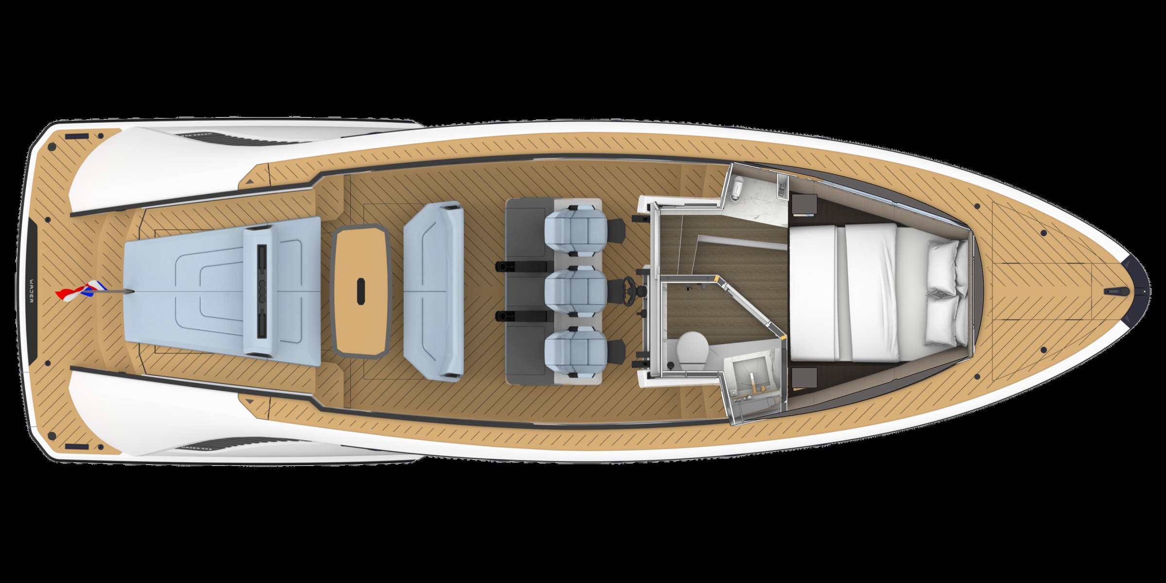 Wajer 44 S, plattegrond boot met dek indeling