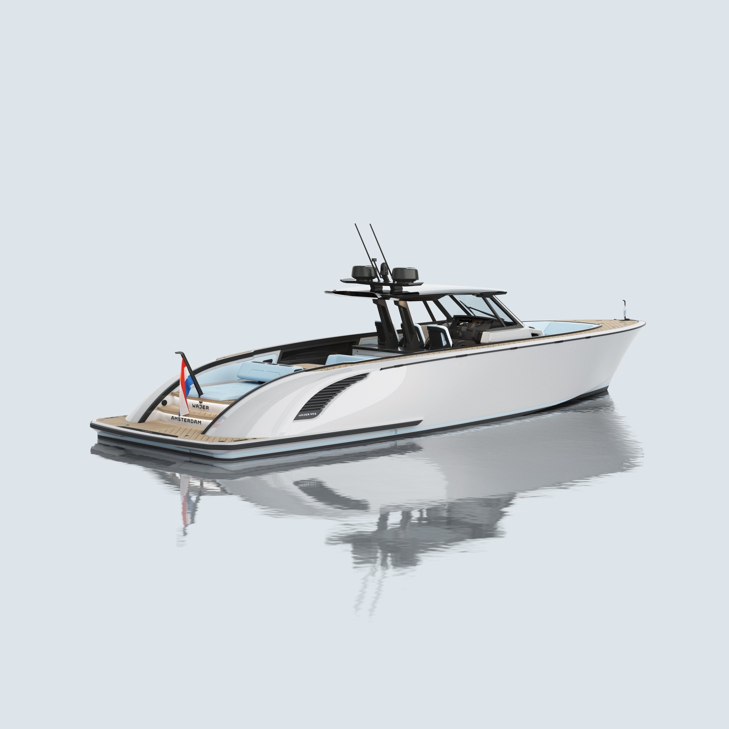 Wajer 44 S, witte motorboot op water
