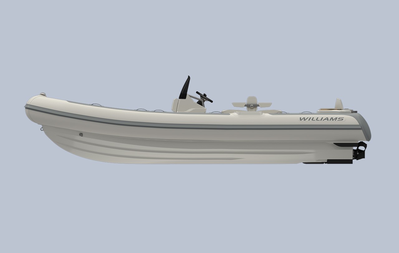 Williams Jet Tenders DieselJet 625, rubberboot zijaanzicht op studioachtergrond